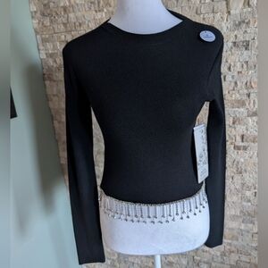 NWT Rhinestone Fringe Cropped Black Sweater Night Out Baddie Going Out Top M